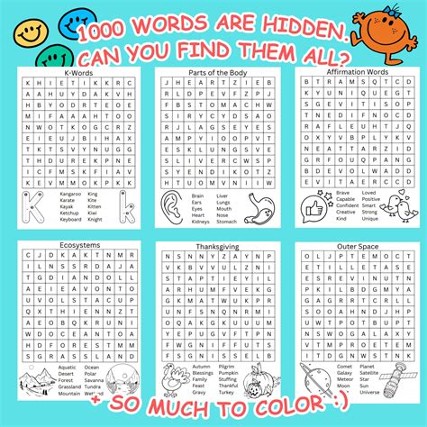 100 Word Search Puzzle Sheet 1000 Words Finding Game Template Kids Ages ...