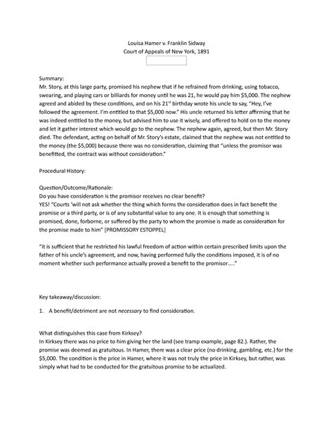 Hamer v Sidway Case - Louisa Hamer v. Franklin Sidway Court of Appeals ...