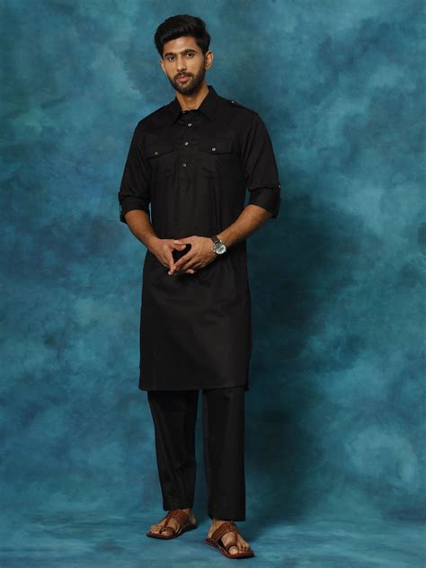 VASTRAMAY Men's Black Cotton Pathani Suit Set – vastramay