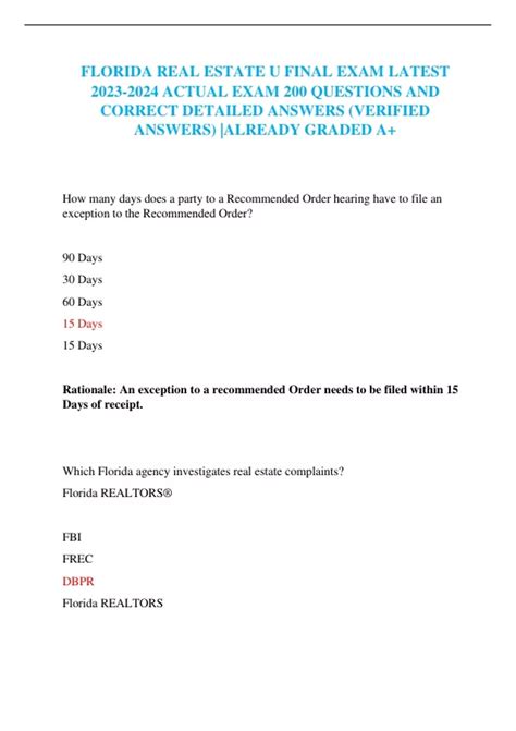FLORIDA REAL ESTATE U FINAL EXAM LATEST ACTUAL EXAM 200 QUESTIONS AND ...