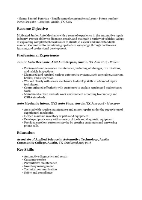 Image result for Auto Mechanic Resume Objective Examples