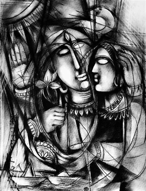 "Protection": Grey Charcoal Painting (28x22) by N P Pandey – ArtZolo.com