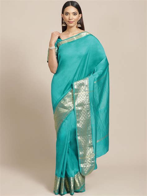 Buy Sea Green Solid Silk Blend Saree Online at Rs.1503 | Libas