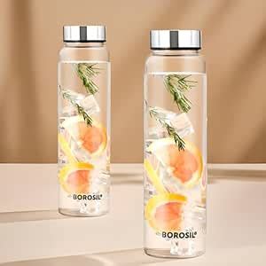 Borosil Crysto Glass Water Bottle 1L, Wide Mouth, Silver SS Lid (Pack ...