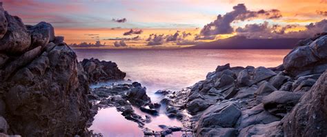 Download wallpaper sunset, the ocean, rocks, coast, Hawaii, Maui ...