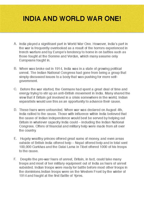India in ww 1and - A. India played a significant part in World War One ...