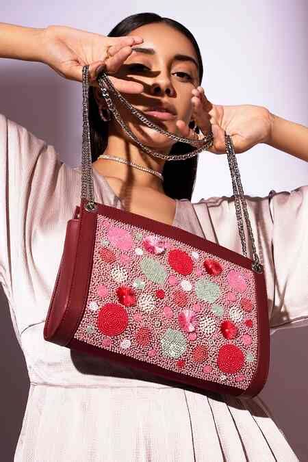 Buy Maroon Embellished Peony Bag by Puro Cosa Online at Aza Fashions.