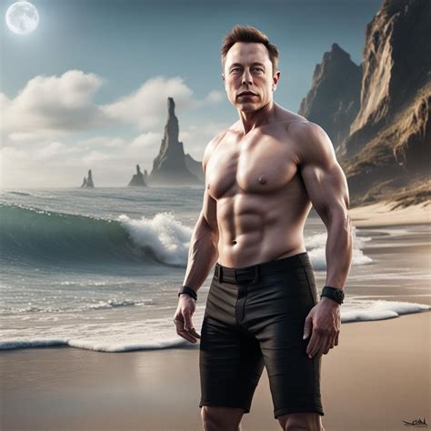 Elon Musk very muscular abs smooth with a giant bulge on the beach - AI ...