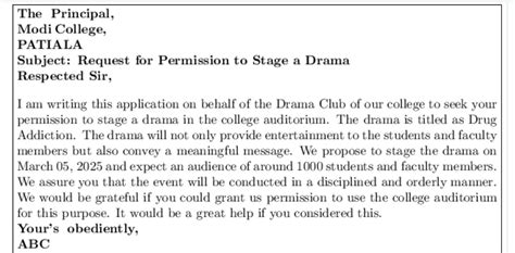Write an application to the principal of your college seeking ...