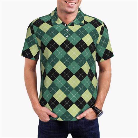 Susaid Green Squares Print Men's Short Sleeve Polo Shirt, Golf Shirts ...