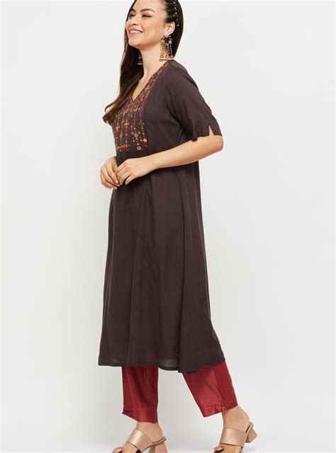 Buy Women Embroidered V-Neck A-Line Kurta Online at just Rs. 899.0 ...