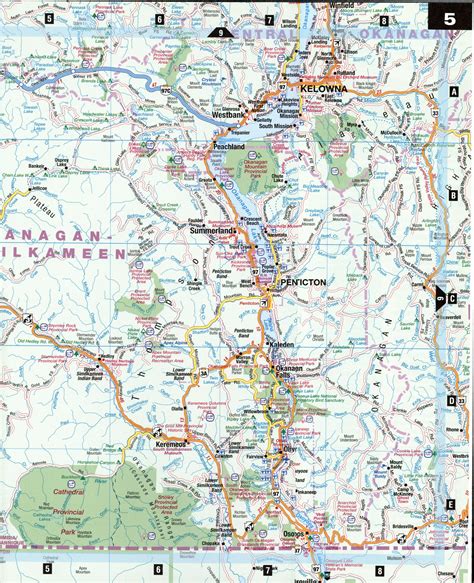 Okanagan Similkameen BC map. Detailed map of the surroundings of Kelowna with roads, villages ...