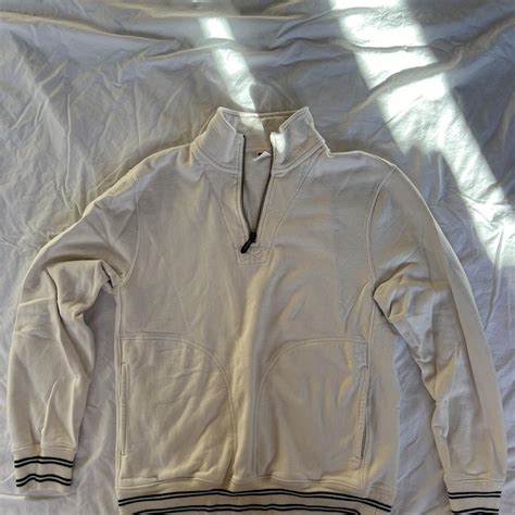 White J.Crew quarter zip sweatshirt with green trim... | Depop