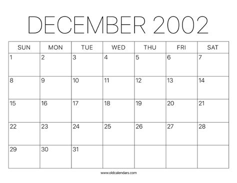 2002 Calendar December - Printable Old Calendars