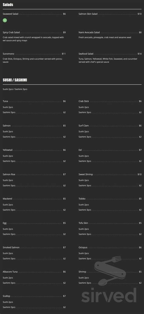 Nami Japanese Cuisine menu in Fresno, California, USA