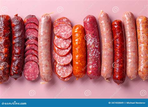 Different Types of Sausages on a Pink Background Stock Image - Image of ...