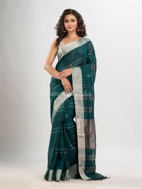 Forest green linen jamdani saree – angoshobha