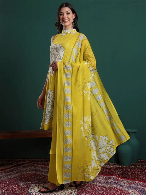 Mustard Cotton Aline Halter Neck Kurta Palazzo & Dupatta Set – Yufta Store