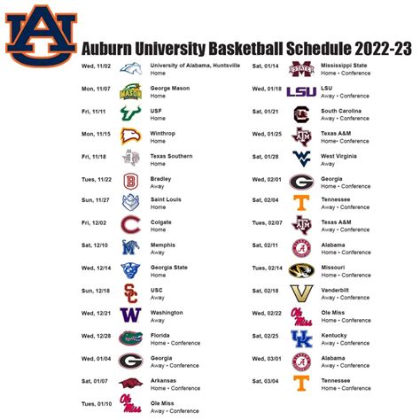 Auburn Basketball Schedule Printable