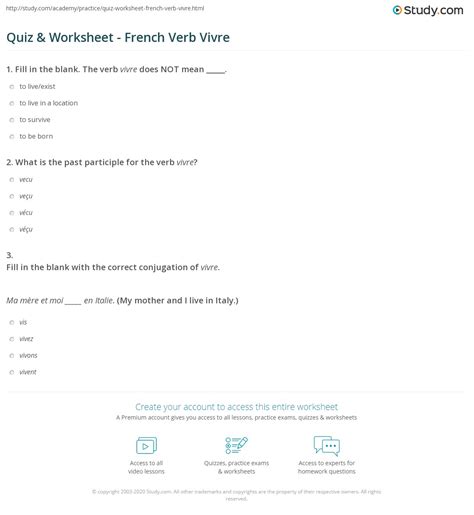 Quiz & Worksheet - French Verb Vivre | Study.com