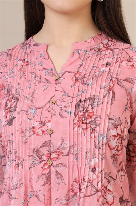 Buy Pink Floral Printed Pintuck Yoke Organza Straight Short Kurti ...