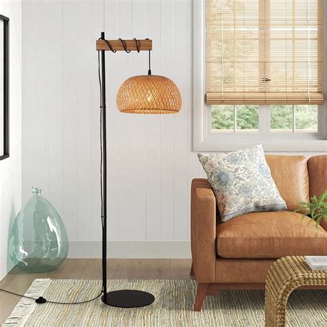 Industrial Tall Floor Lamp for Living Room Bamboo Lampshade, Black ...