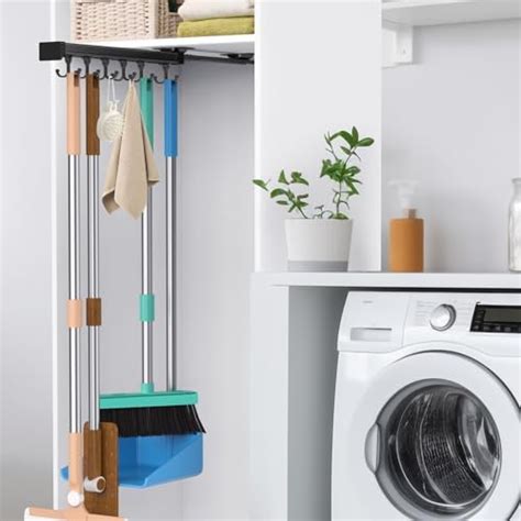 PrimZooty Pull Out Broom Holder With Adjustable Double Row Sliding Hook ...
