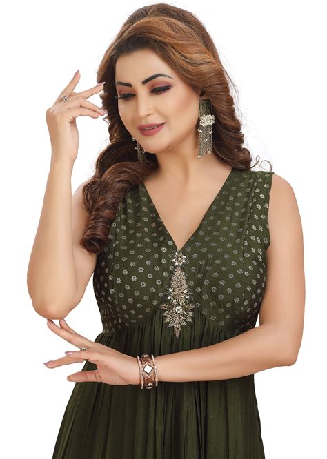 Dark Olive Green Silk Long Dress