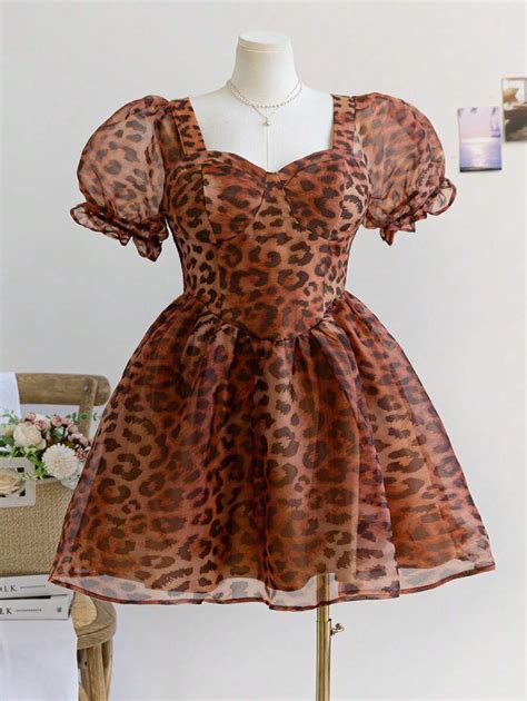 Soleia Plus Size Women's Animal Print Puff Sleeve Waisted A-Line Mini ...