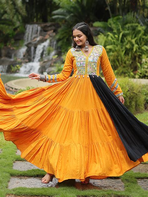 Orange Heavy Rayon Plain Layered With Kutchi Gamthi Work Gown – NiharikaFab