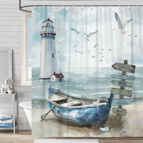 Uokiuki Nautical Coastal Shower Curtain, Ocean Beach Lighthouse Shower ...