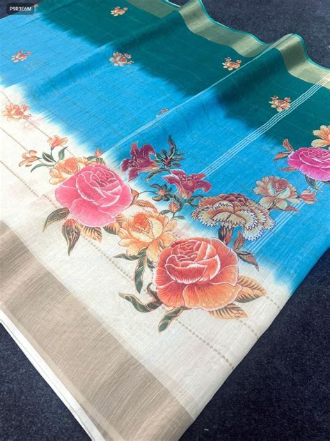 Linen Saree with Gold Jari Border & Digital Print – Sukriti Store