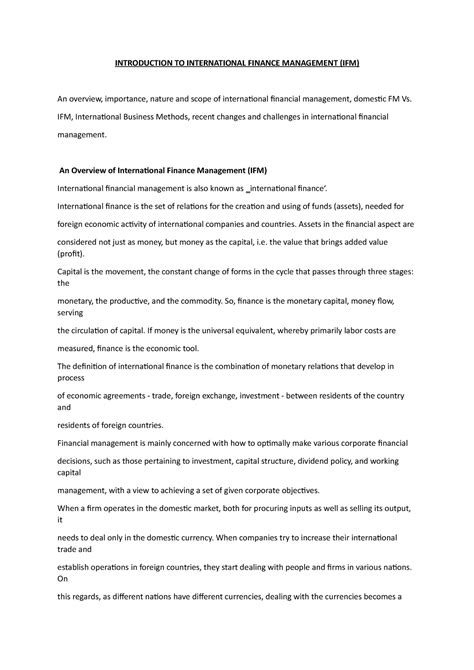Ifm 1 - Summary note - INTRODUCTION TO INTERNATIONAL FINANCE MANAGEMENT ...