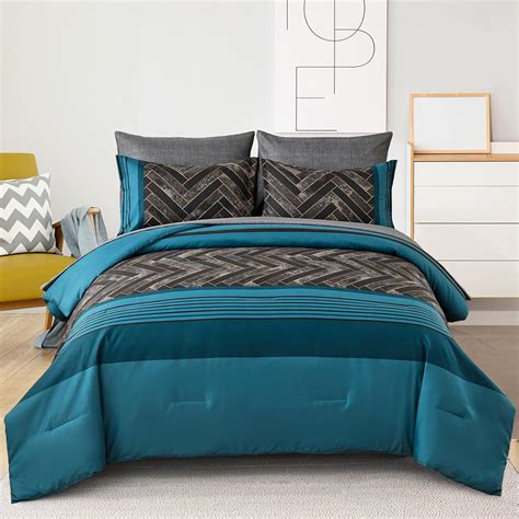 Luxudecor Teal Blue Comforter Set Queen Size, 7 Pieces Blue and Black ...