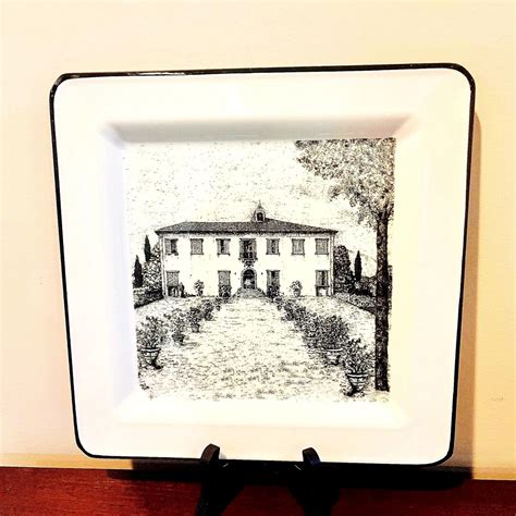 Vintage Brunelli Made in Italy Square Collectable Plate. Italian Villa Artwork Black and White ...