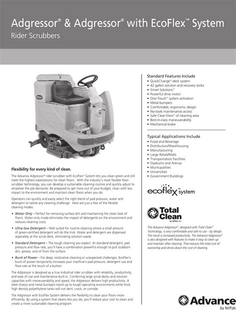 Nilfisk advance adgressor ride on floor scrubber industrial specifications