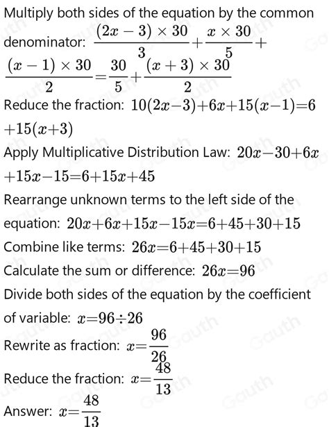 Solved: d) (2x-3)/3 + x/5 + (x-1)/2 = 1/5 + (x+3)/2 [Math]