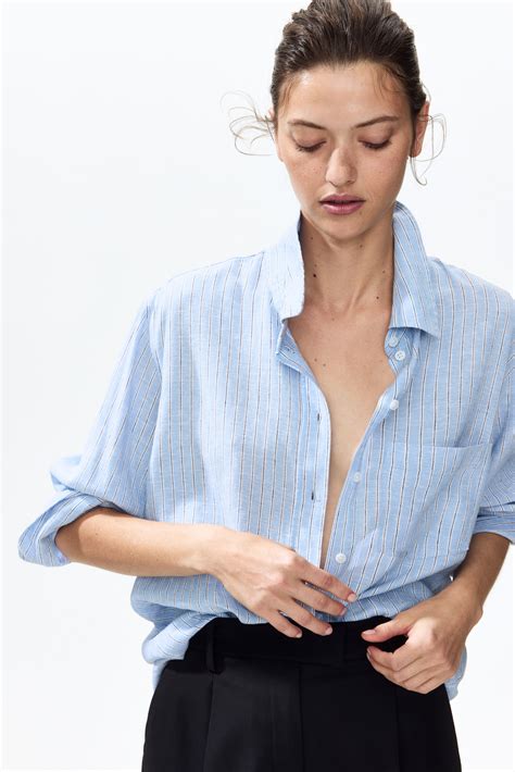 Women's Light blue/Striped Linen-blend shirt | H&M IN