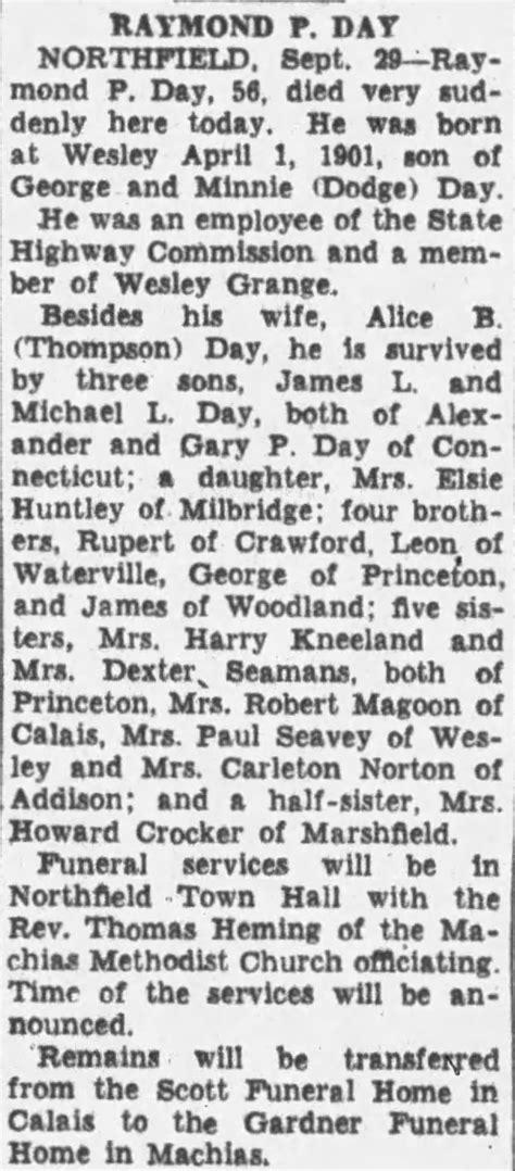 Obituary, Bangor Daily News, Monday, September 30, 1957, p. 17