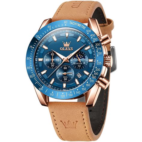 OLEVS Large Dial Chronograph Analogue Men's Luxury Leather Watch (Blue ...