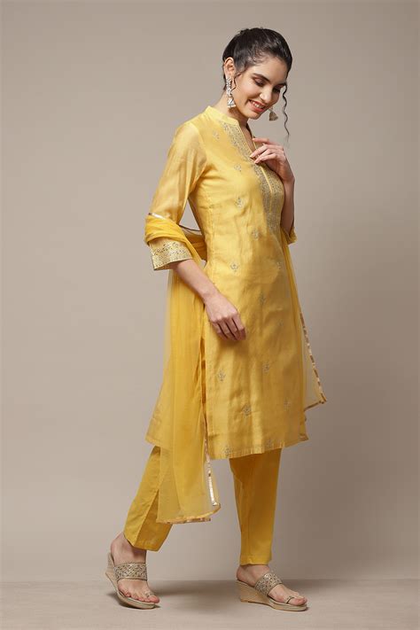Yellow Cotton Blend Straight Kurta Suit Set at Biba India