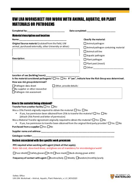 Fillable Online UW LRA WORKSHEET FOR WORK WITH ANIMAL, AQUATIC, OR ...