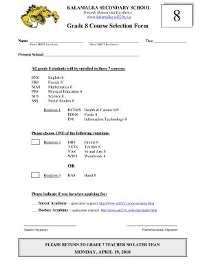 Fillable Online ca Grade 8 Course Selection Form Name Please PRINT Last ...