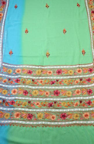 Blue And Green Embroidered Kashmiri Aari Work Georgette Saree ...