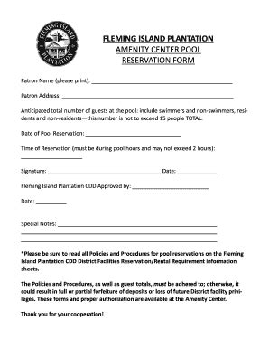 Fillable Online FLEMING ISLAND PLANTATION AMENITY CENTER POOL ...