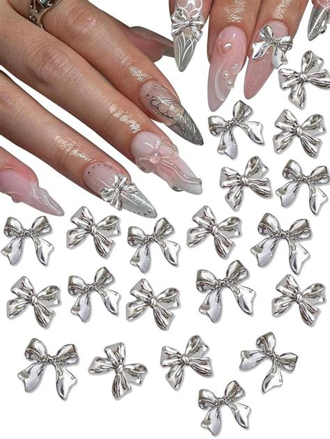 20PCS Bow Nail Charms 3D Silver Nail Charms 2 Styles Of Alloy Ribbon ...