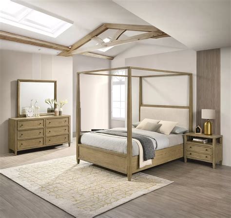 4Pc Light Brown Queen Canopy Bed Set Rustic Finish Luxurious Bedroom ...