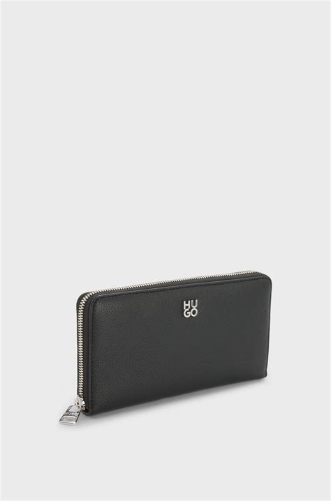 HUGO - Faux-leather ziparound wallet with stacked logo - Black