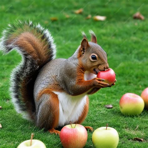 A squirrel with a piece of fruit in his mouth eating an apple | Premium ...