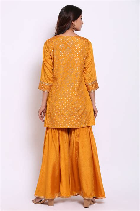 Yellow Art Silk Kurta Garara Suit Set at Biba India